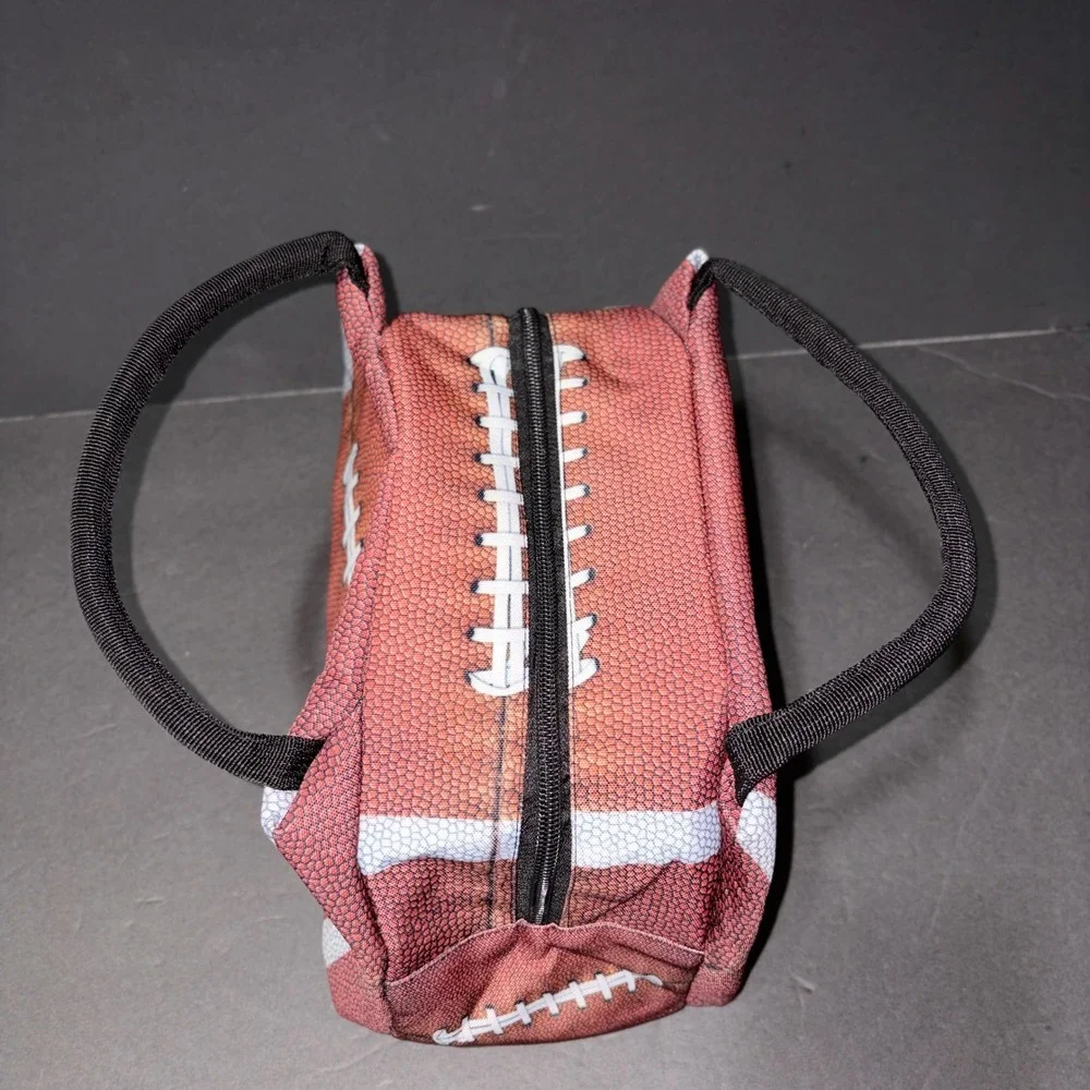 Football Print Insulated Lunch Bag Brown Sports Tailgate Cooler Zippered Case